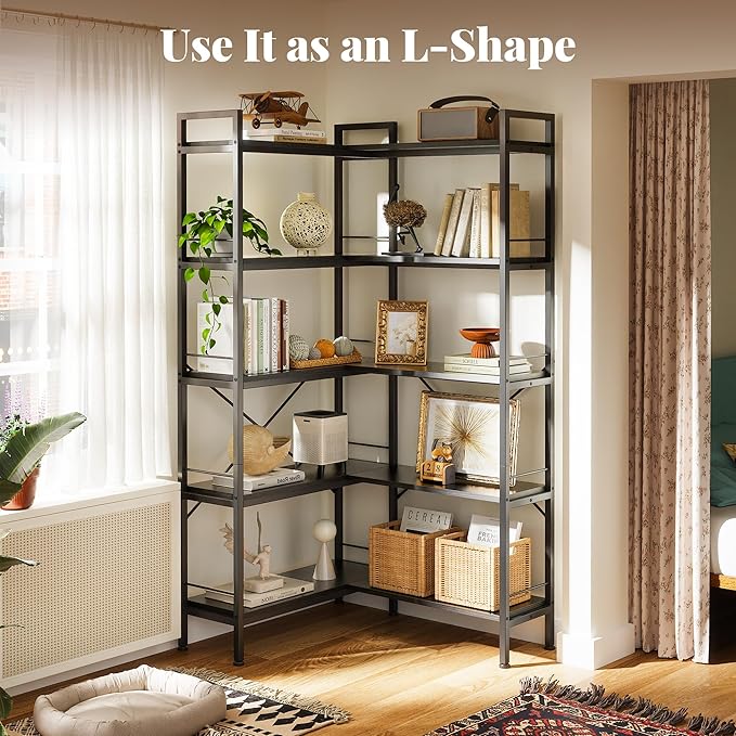 Huuger 5 Tier Bookshelf, L Shaped Corner Bookshelf