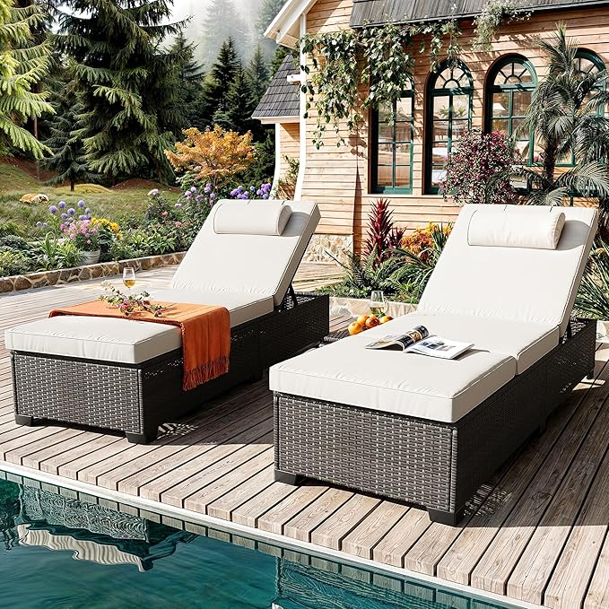 GAOMON Chaise Lounge Chairs Set of 2, Outdoor PE Rattan Chaise Lounge Chair