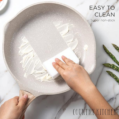 Country Kitchen Non-Stick Cast Aluminum Cookware Set - Durable Kitchen Cookware for Everyday Cooking, Cream, 15 Pc.