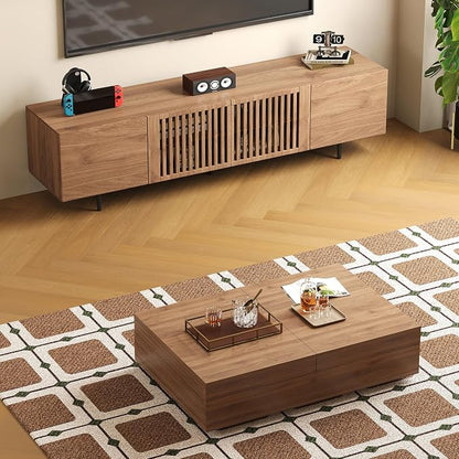 Mid-Century Modern Expandable Coffee Table & TV Stand Set, Walnut Finish – Elegant Storage Combo for Living Room, Bedroom, or Lounge (70.87" TV Stand+Coffee Table)
