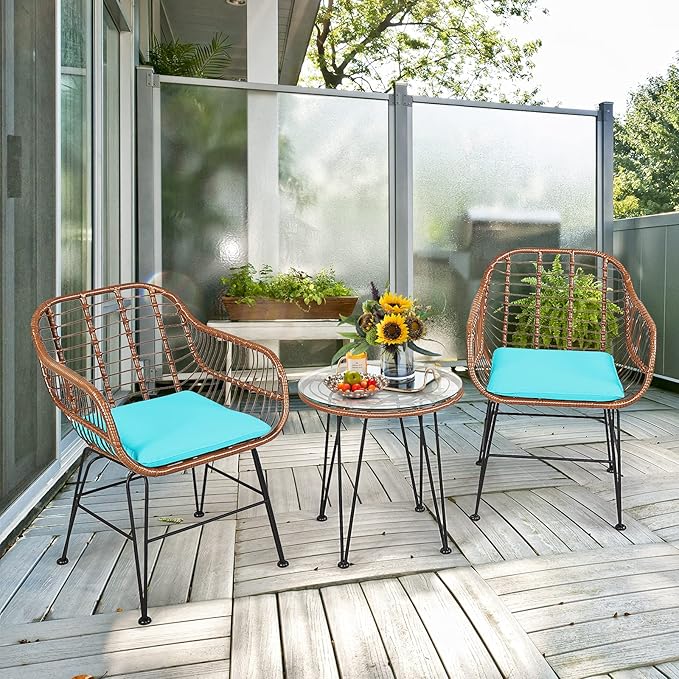Tangkula 3 Pieces Patio Conversation Bistro Set, Outdoor Wicker Furniture