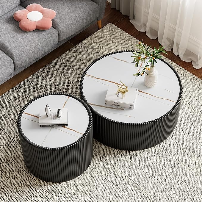 SSLine Round Drum Coffee Table Set of 2 Modern Sintered Stone Top Nesting