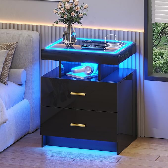 LED Nightstand with Wireless Charging Station, Glass Top Smart Bedside Table