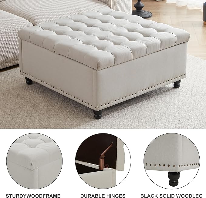 Tbfit Large Square Storage Ottoman Bench, Tufted Upholstered Coffee Table