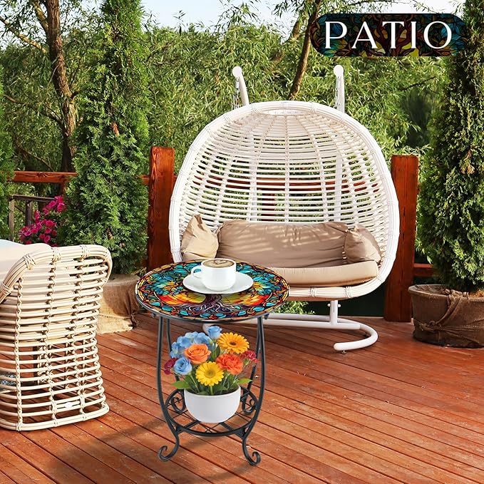 Cinnvoice Outdoor Side Table Round Small Mosaic Patio Accent Indoor End Plant
