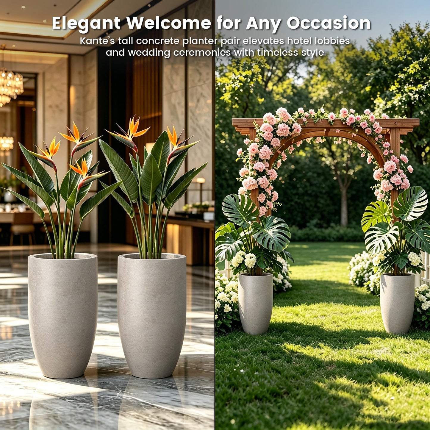 Kante 24" Tall Round Concrete Planter, 2 Pack Large Oval Plant Pots with Drainage Hole & Rubber Plug, Lightweight Weathered Concrete for Home Decor, Symmetrical Gift for Living Room Patio