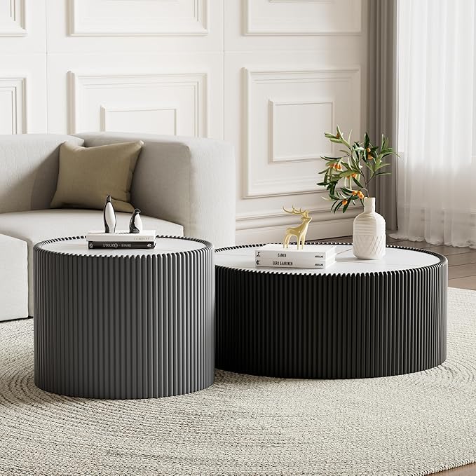 2-Piece Round Nesting Coffee Table Set, 29.52" Marble Coffee Table and End