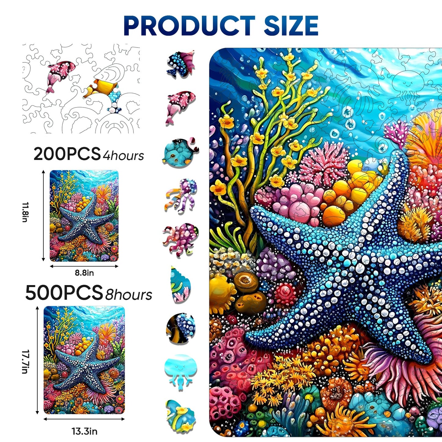 Mocfesk Wooden Puzzles for Adults, Starfish Wooden Puzzles 200 Pieces, Unique Shaped Underwater Ocean Jigsaw Puzzles for Adults and Kids, Birthday Gifts Fun Family Game 11.8 x 8.8 in