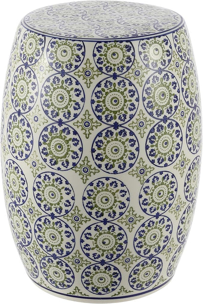 JONATHAN Y TBL1025A Lula 17.25" Suzani Ceramic Indoor/Outdoor Garden Stool, Blue/Green, Classic, Coastal, Bohemian, Traditional, Mediterranean, Cottage for Living Room, Garden, Outdoor, Home
