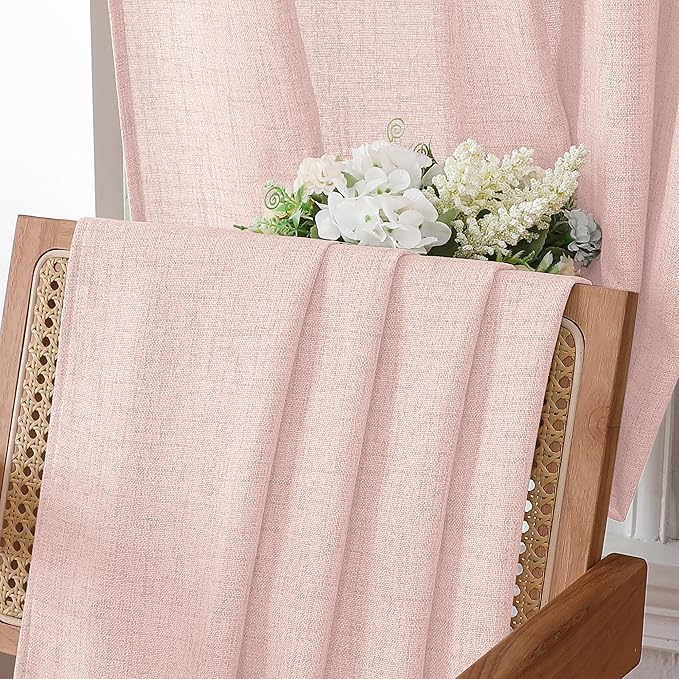 Tollpiz Short Linen Curtains Living Room Rod Pocket Semi Sheer Curtain Burlap Light Filtering Thick Linen Drapes for Bedroom, 54 x 54 inches Long, Pink, Set of 2 Panels