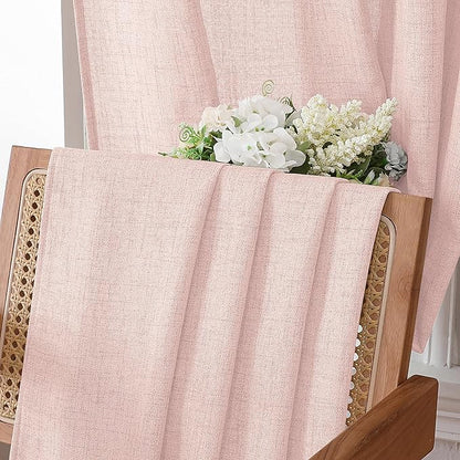 Tollpiz Short Linen Curtain Living Room Rod Pocket Semi Sheer Curtains Burlap Light Filtering Thick Linen Drape for Bedroom, 54 x 45 inches Long, Pink, Set of 2 Panels