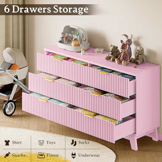 BORNOON Fluted 6 Drawer Dresser, 47.2" Wide Modern Boho Chest of Drawers