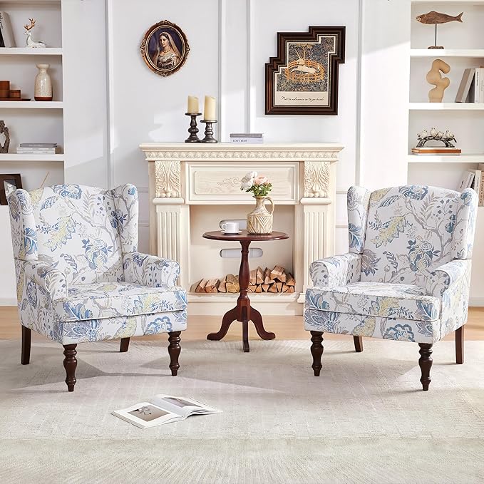 HUIMO Printed Wingback Accent Chair, Linen Upholstered High Back Armchair