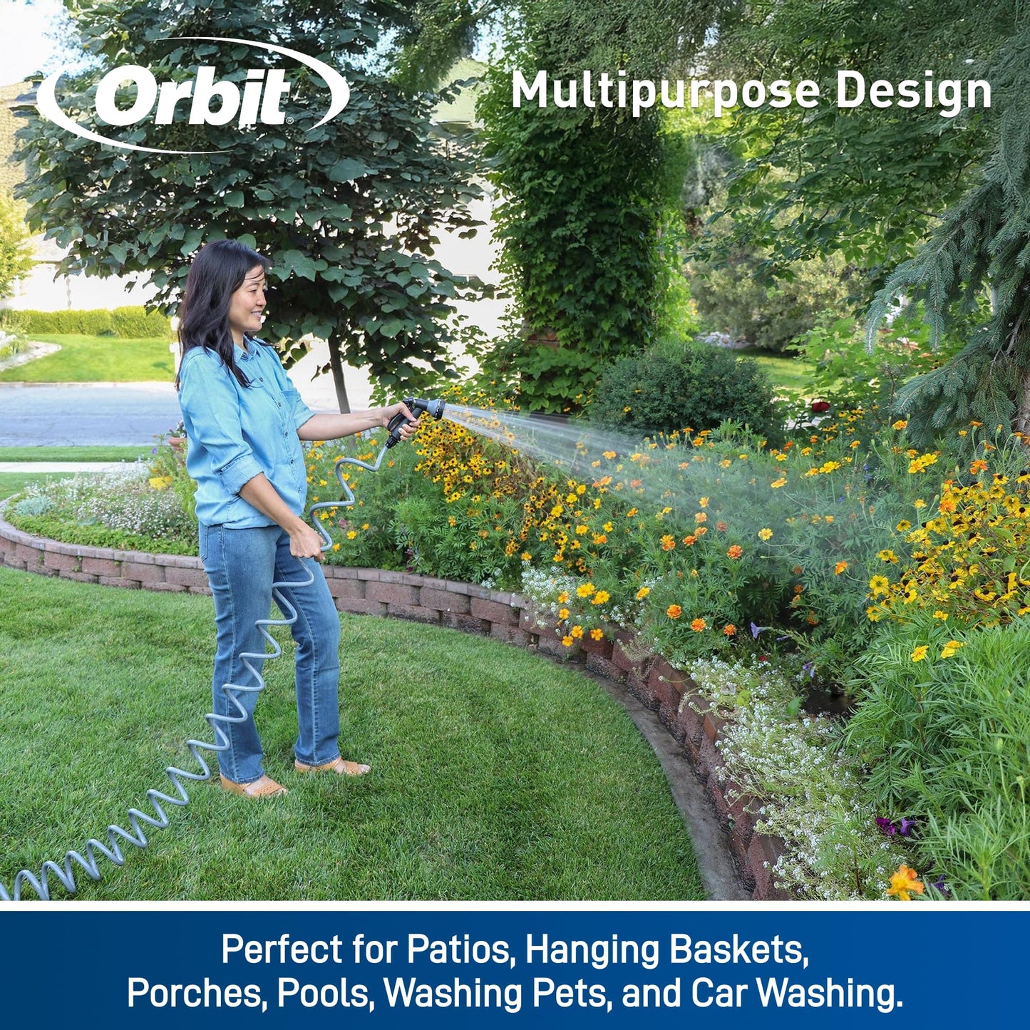 Orbit 26381 Coil Garden Hose, 25 Feet, with 8-Pattern Hose Nozzle (Blue)