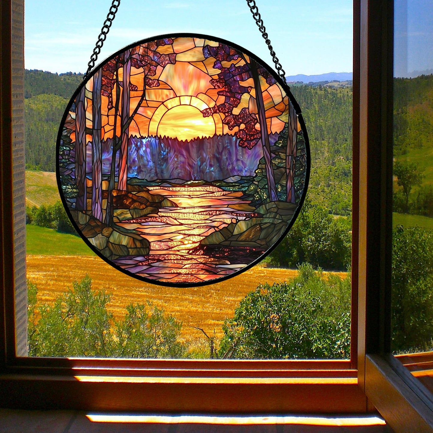 JOSUMALY Stained Glass Window Hanging, Orange Landscape Green Purple Lake Forest Suncatcher for Doors Window Home Sun Catchers Decor Mother's Day Birthday Gifts for Women Men Mom 9.8 in
