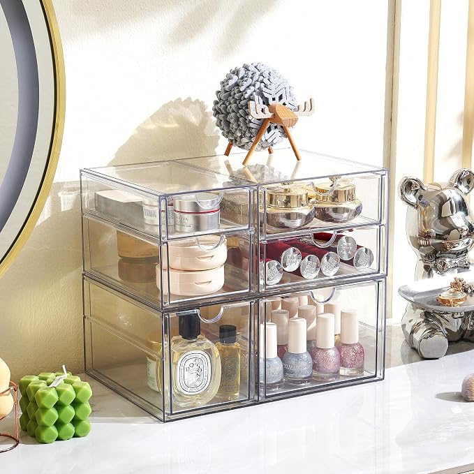 Prsildan Acrylic Drawer Makeup Organizer with 6 Drawers (Not for Baby Bottle), Set of 2 Office Desk Organizers Accessories, Clear Stackable Storage Drawers for Vanity, Craft (Largest Drawer 4" Tall)
