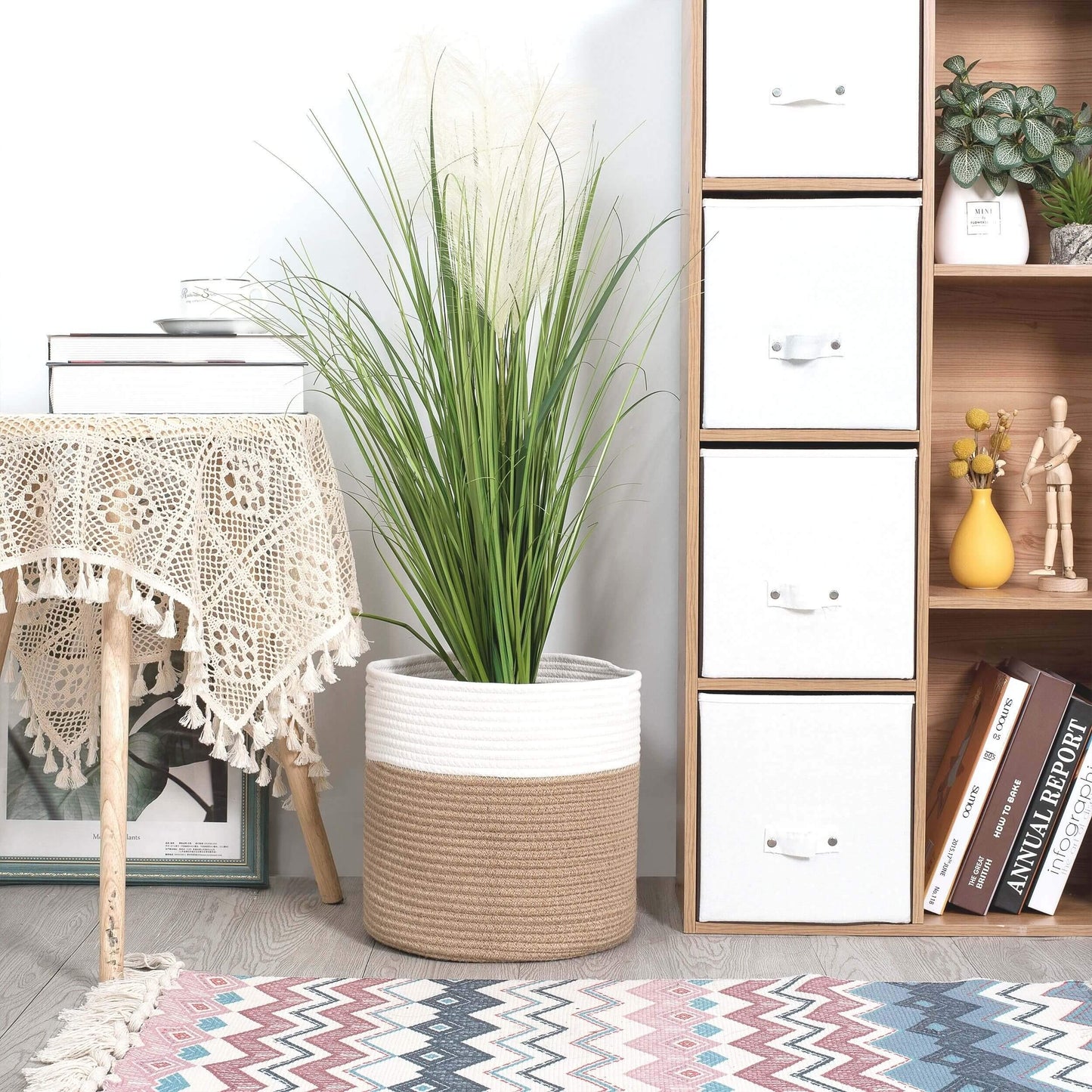 MINTWOOD Design 11 x 11 Inches Cotton Rope Basket for Flower Pot and Indoor Floor Planters, Decorative Round Woven Plant Pot Basket, Planter Covers, Small Dog Toy Storage Baskets, Jute