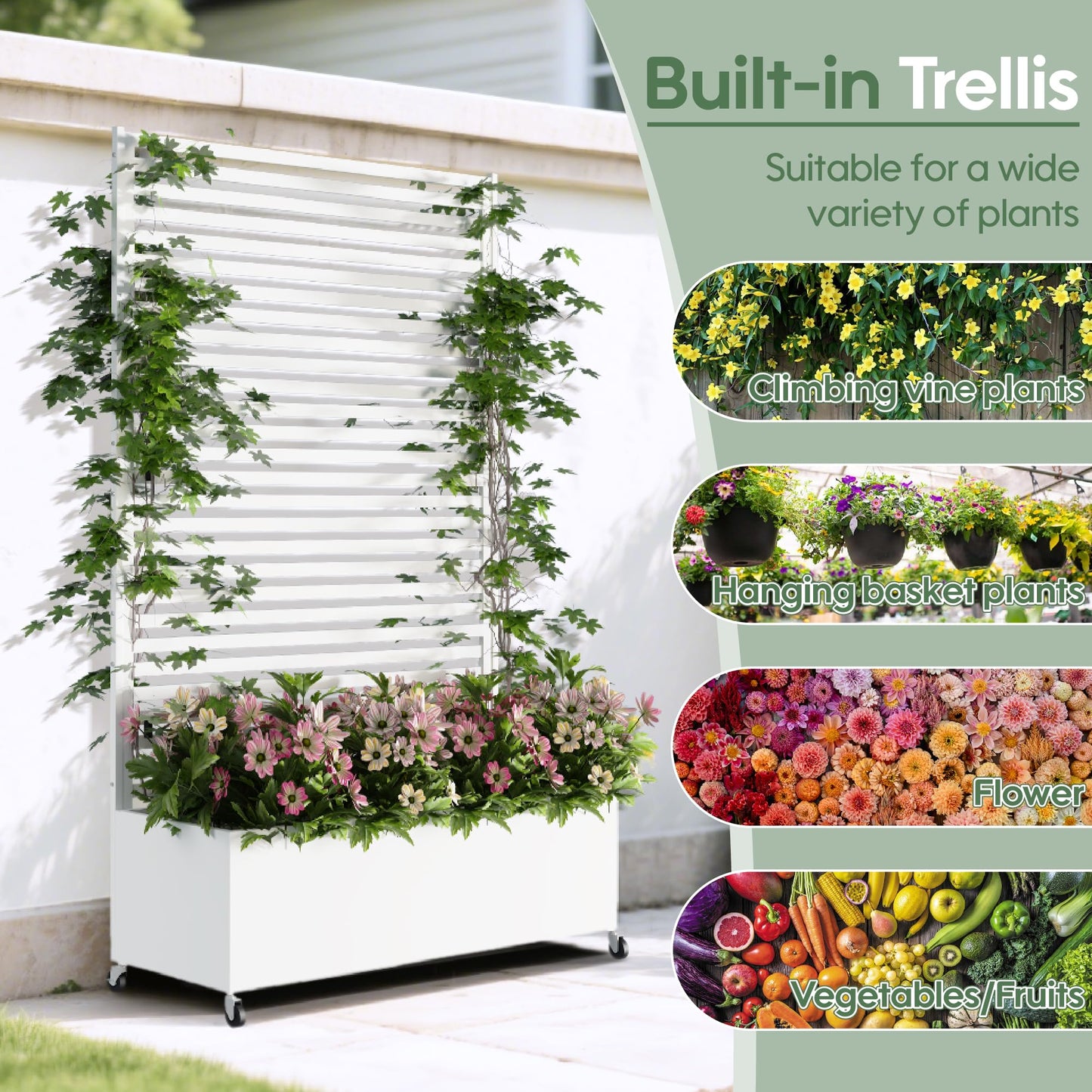 Sunnibety Metal Planter Box with Trellis Privacy Screen, Raised Garden Bed with Trellis & Wheels, Privacy Planters for Patio, Planter Box with Drainage Holes for Climbing Plants, 73"x 47"x 16", White