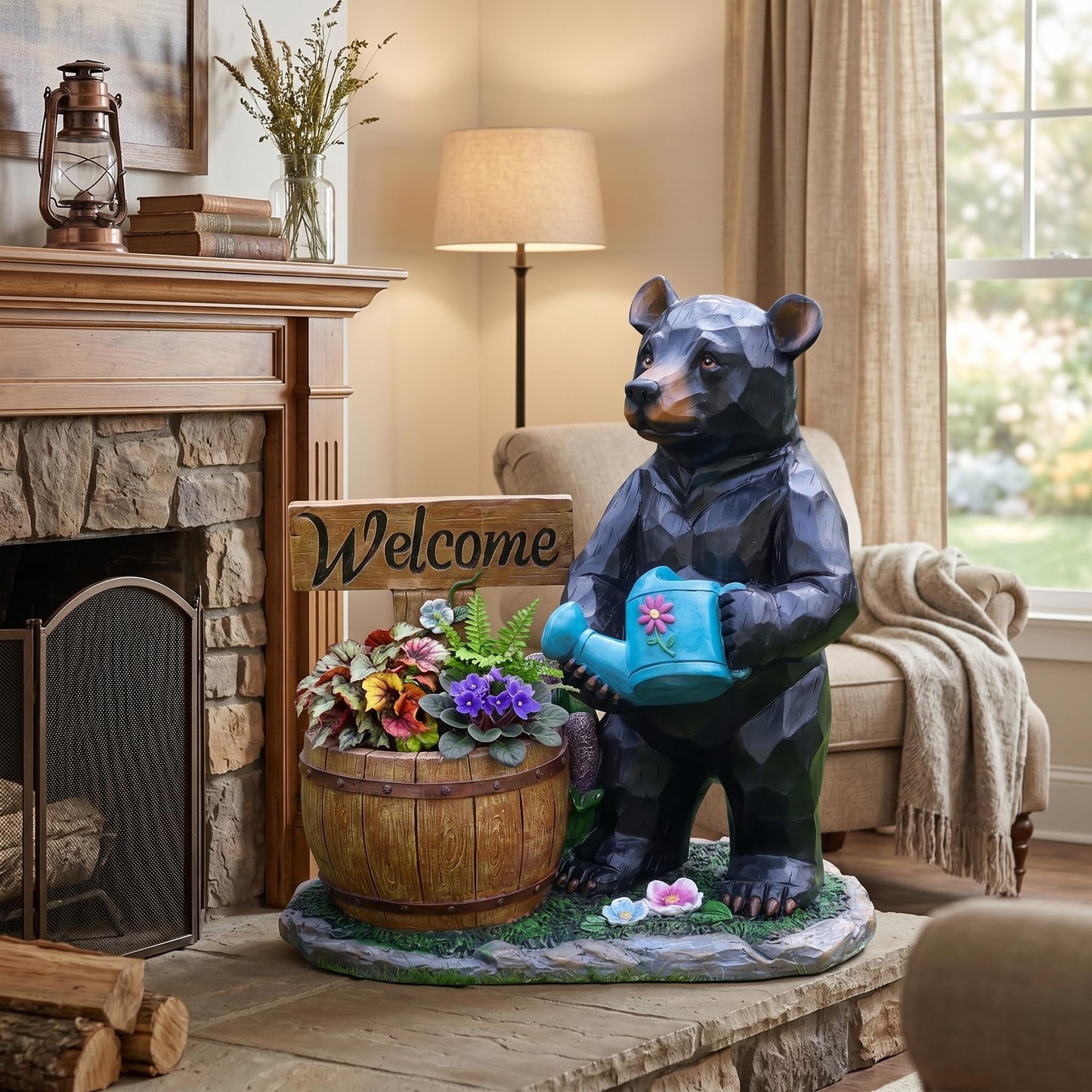 elesculor Black Bear Garden Statue Planter with Welcome Sign & Watering Can, Resin Outdoor Flower Pot, Decorative Animal Planter for Patio, Yard, Lawn, Cabin Decor