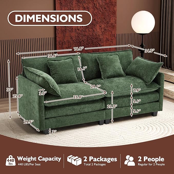 Ihanherry Cloud Sofa 77 Inch Loveseat, Modern Sectional Couch, 2-Seats Sofa