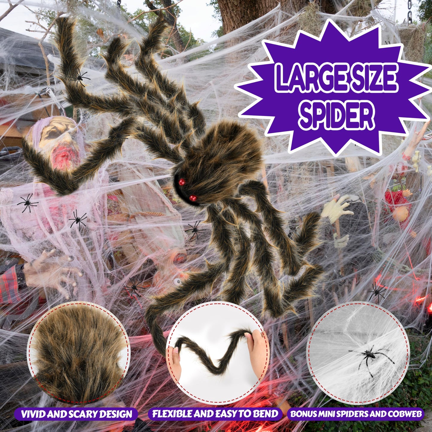 Halloween Spider Web Lights Giant Spider, 16.4Ft 450 LED Lighted Spider Web with with 8 Lighting Modes Waterproof & Timer for Indoor Outdoor House Haunted Yard Decor, Purple