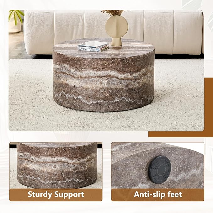 Round Coffee Table, 23.6" Modern Grey Faux Marble Drum Coffee Table, Round