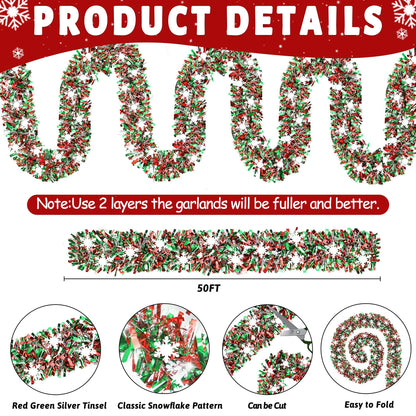 50 FT Christmas Decorations, Christmas Tinsel Garland with Snowflake Shiny Metallic Twist Red Green Silver Christmas Garland for Home Tree Mantle Stairs Indoor Outdoor Xmas Party Decorations