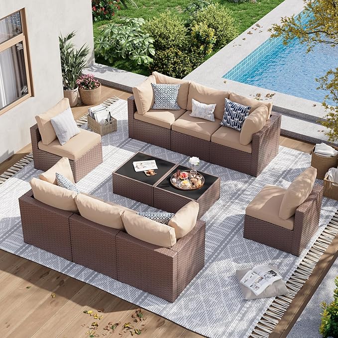 Aoxun 10 Piece Patio Furniture Set Wicker Rattan Patio Sectional Sofa Set