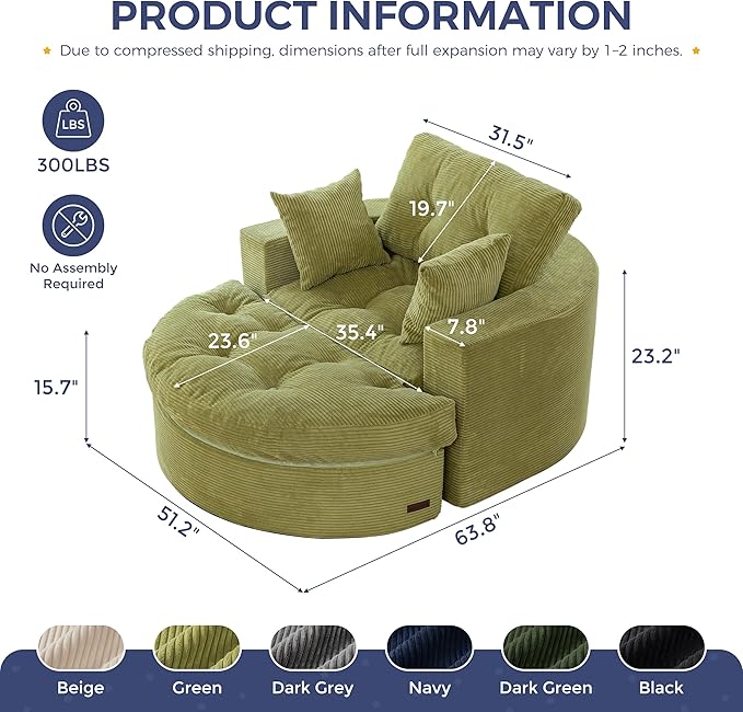 MAXYOYO Oversized Round Chaise Lounge Sofa, Upholstered Lounge Chair