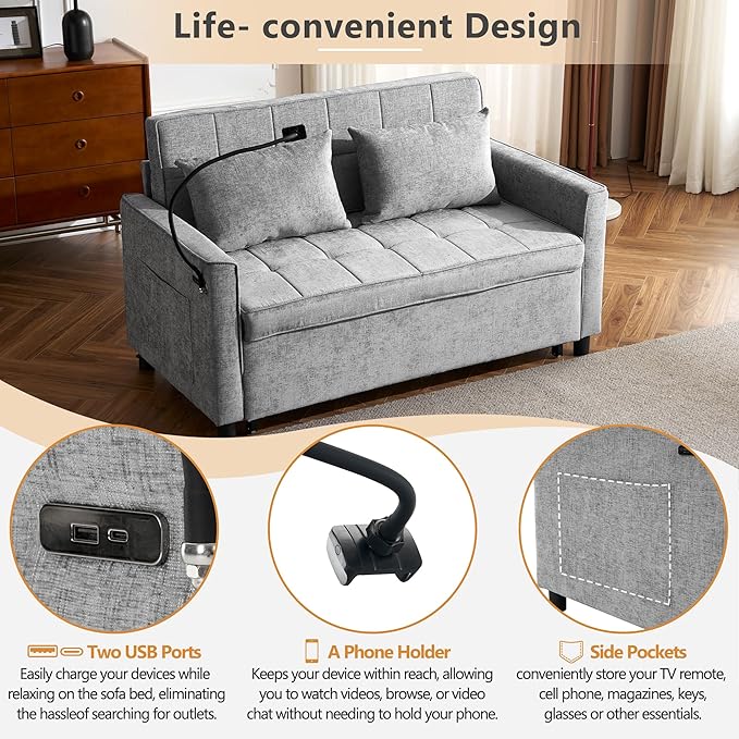 3 in 1 Convertible Sleeper Sofa Bed, 56.9" Small Pull Out Couch Bed