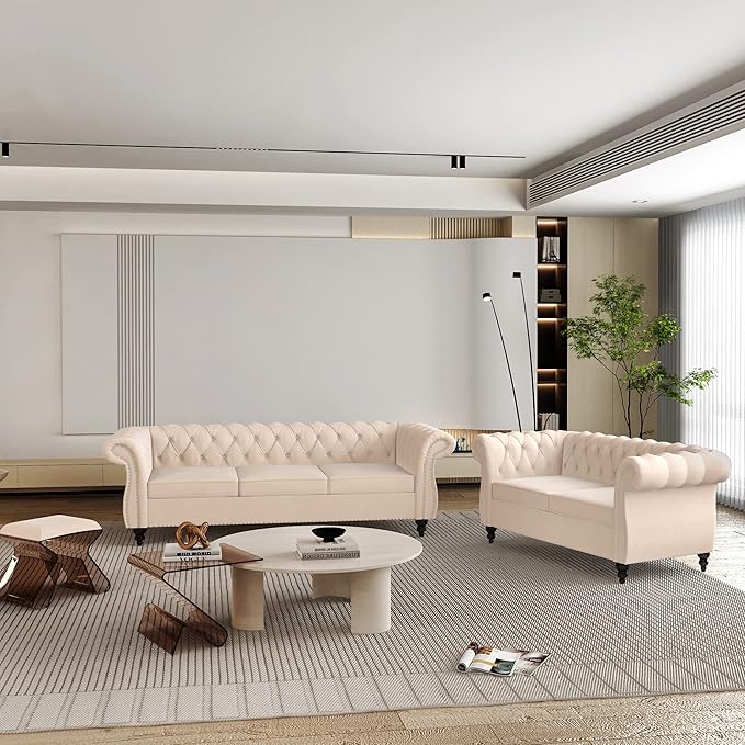 ORRD 2 Piece Living Room Set, Velvet Chesterfield Sofa Loveseat Couch