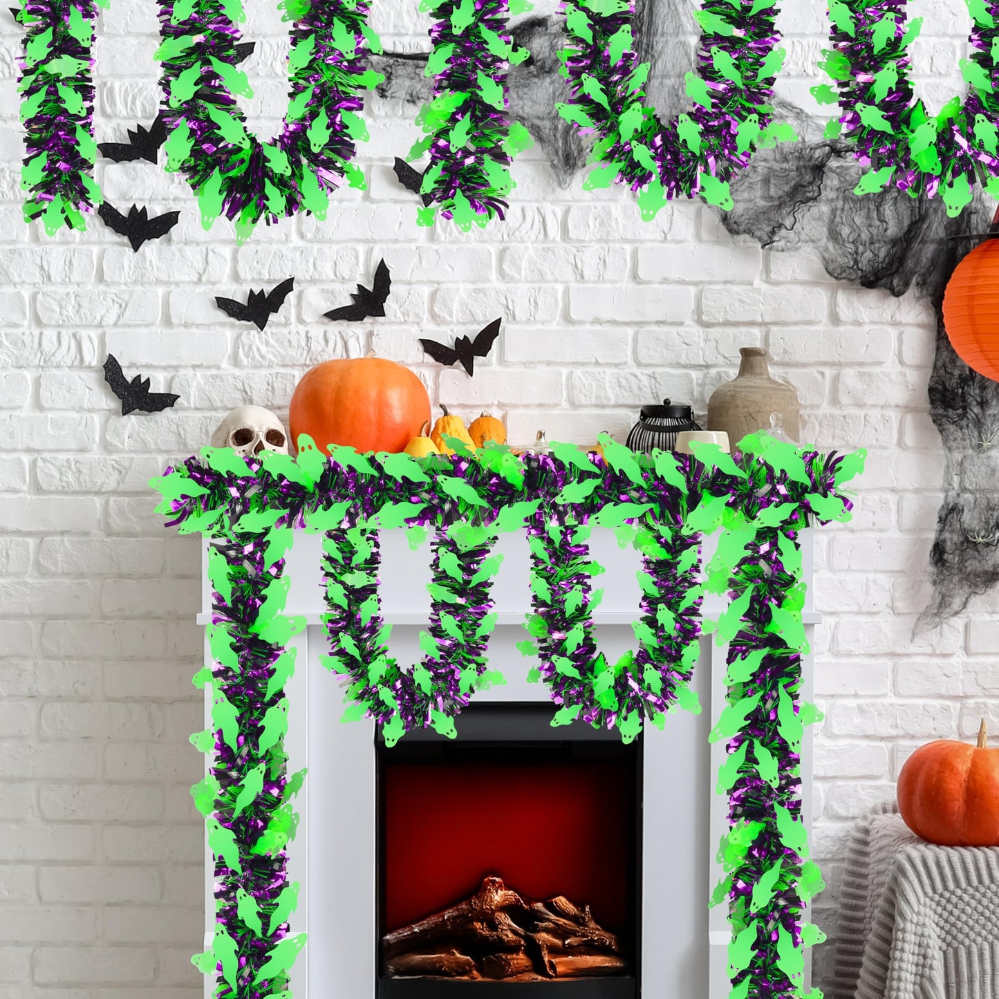 50 FT Halloween Tinsel Garland, Thick Glitter Tinsel Garland Hanging Streamers Green Ghost Metallic Holiday Tinsel Hanging Oranment for Halloween Party Supplies Indoor Outdoor Decoration