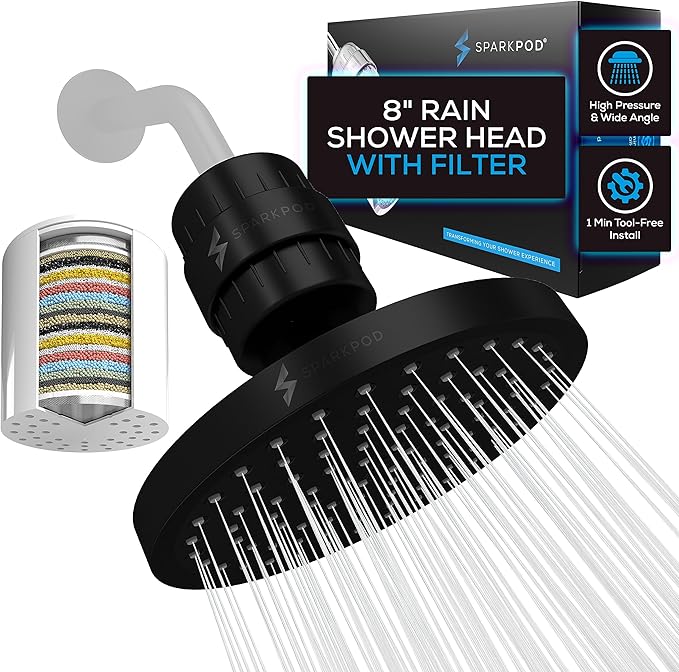 SparkPod 23-Stage Filtered Shower Head, 8" Round, Black Matte | Filtered Shower Head for Hard Water Filter, High Pressure, Reduces Chlorine, Heavy Metals, For Dry Skin & Hair