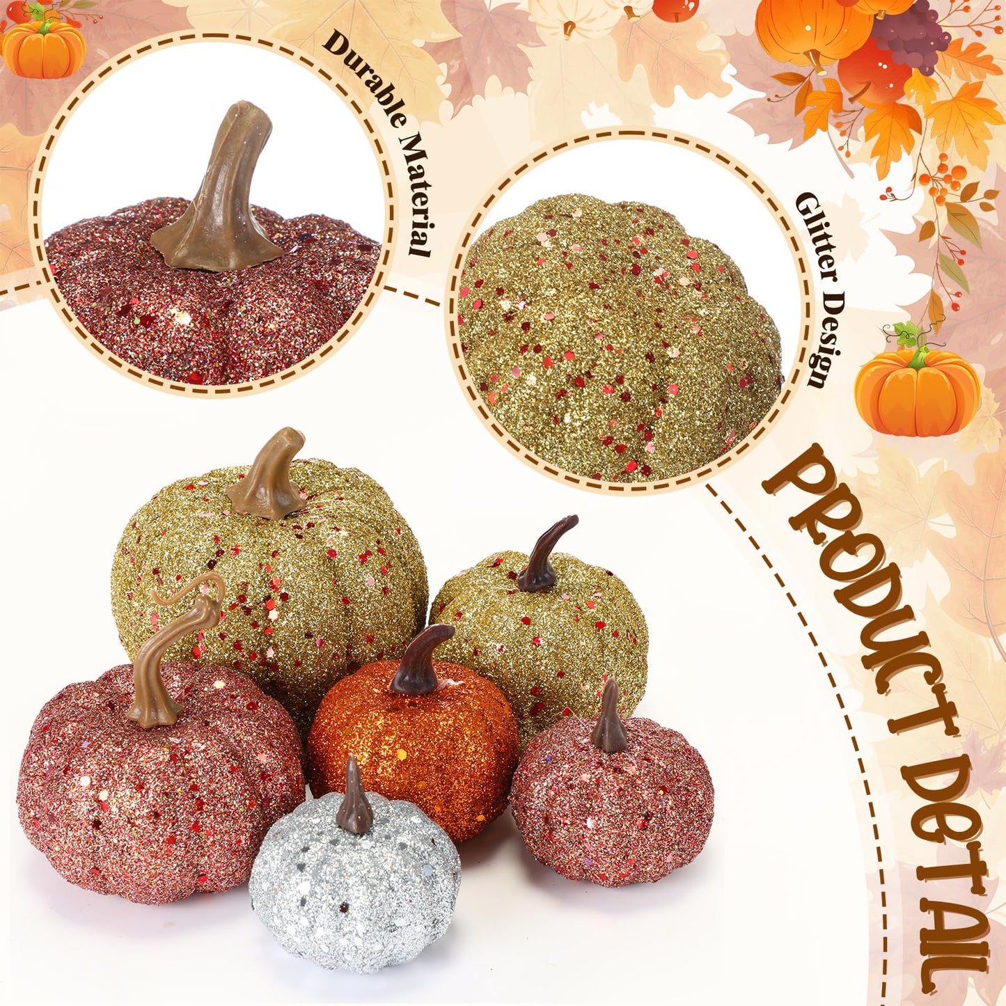 Simgoing 24 Pcs Thanksgiving Glitter Mini Pumpkin Decor Orange, Silver, Gold Small Artificial Foam Pumpkins Fall Tree Hanging Ornament Tiered Tray Decor for Autumn Thanksgiving Party Indoor Home