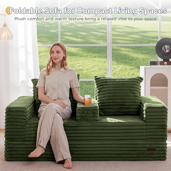 MAXYOYO Loveseat Sofa Bed, Striped Faux Fur Foldable Floor Sofa Couch in A Box