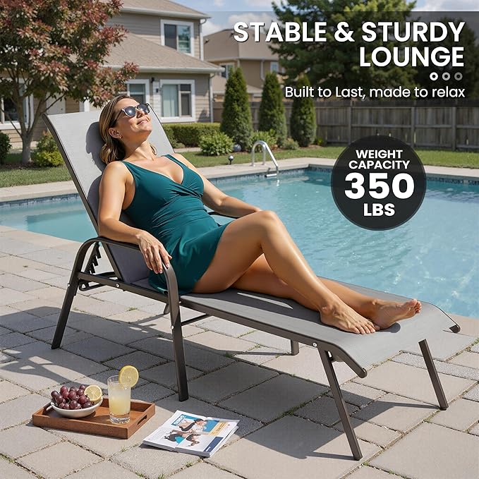 Crestlive Products Outdoor Chaise Lounge Chair, 5-Position Pool Lounge Chairs