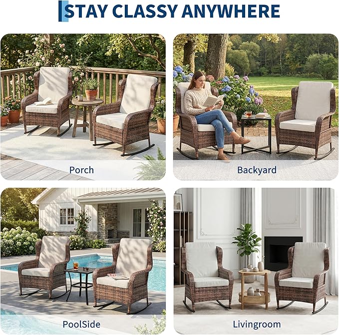 Garvee Outdoor Wicker Rocking Chair, 1 Piece Outdoor Rocking Chair, All Weather