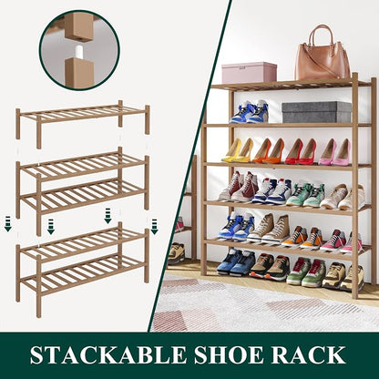 Smiry Bamboo Shoe Rack, 5 Tier Free Standing Wooden Shoe Organizer, Stackable Wood Shoe Storage Shelf for Closet, Entryway, 14 Vertical Slats, 2+2+1 Stack Heavy-Duty Legs, 26.8"x11"x32.5", Walnut