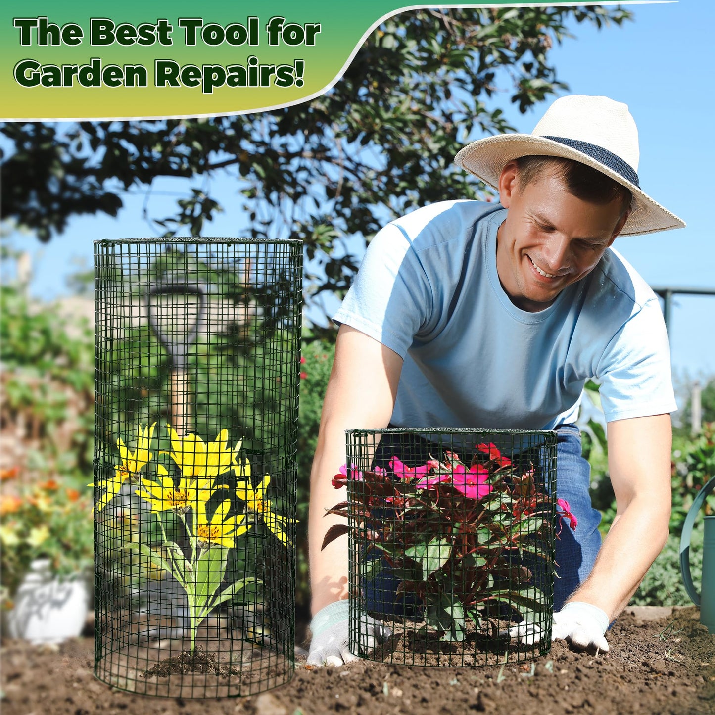 Hiboom 4 Set Garden Plant Protectors from Animals with Stakes, Metal Mesh and Detachable Covers Wire Plant Cage for Keeping Bunny Animals Out, Chicken Wire Cover Garden Protection (12x13)