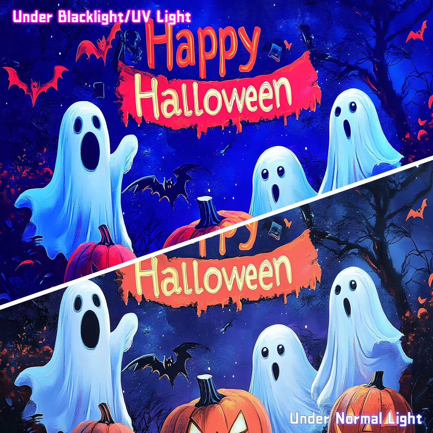 AOHMPT Glow-in-the-Dark Halloween Tapestry - UV Reactive Black Light Wall Hanging Decor for Spooky Parties, Bedroom, Living Room (Happy Halloween, 79L x 59W, Unframed)