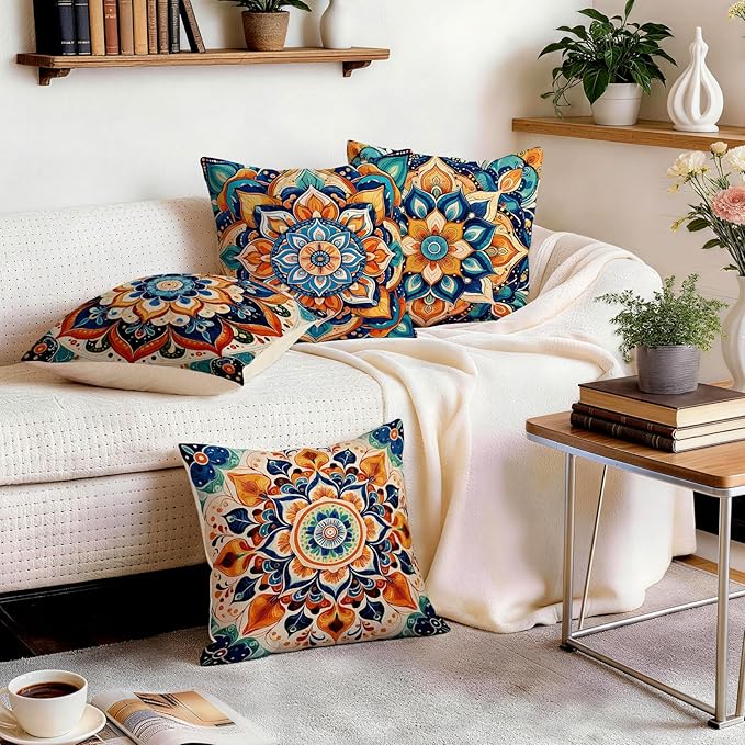 OBSEDE Boho Mandala Throw Pillow Covers Set of 4, 18x18 Inch Blue and Orange