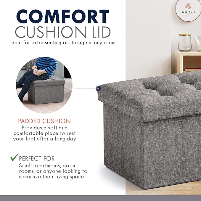Ornavo Home Small Storage Ottoman Foldable Collapsible Rectangle Linen Ottoman