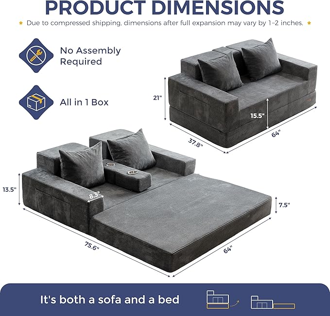 MAXYOYO Loveseat Sofa Bed, 4 in 1 Convertible Boneless Couch Folding Recliner