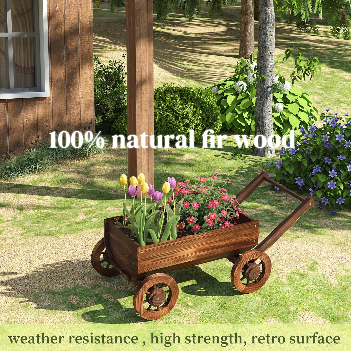 PULIJIAJU Wooden Wagon Garden Planter Cart with Wheels Rustic Flower Pot – Indoor Outdoor Patio Backyard Balcony Decor for Succulents, Flowers and Plants（Carbonized-L