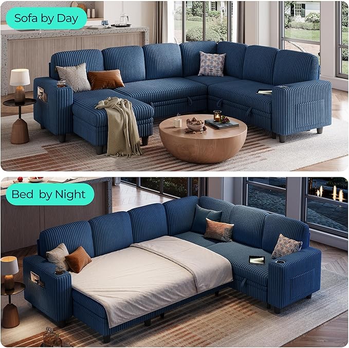 LINSY HOME Sectional Sofa with Pull Out Bed, 6 Seats Corduroy Reversible