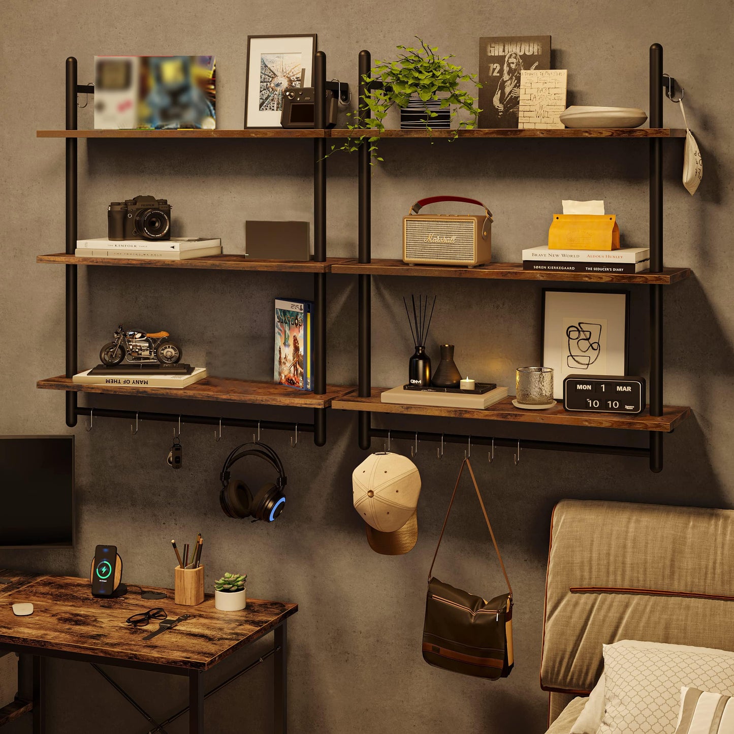 Bestier 3 Tier Industrial Pipe Shelving, Floating Book Shelves for Wall, Storage Hanging Shelves with Towel Bar for Bathroom Organizer Bedroom Kitchen Plants Office. 31.5 Inch Rustic Brown
