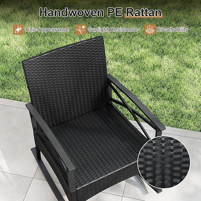 Tangkula 3 Pieces Outdoor Rocking Chairs Set, Rattan Heavy Duty Cushioned