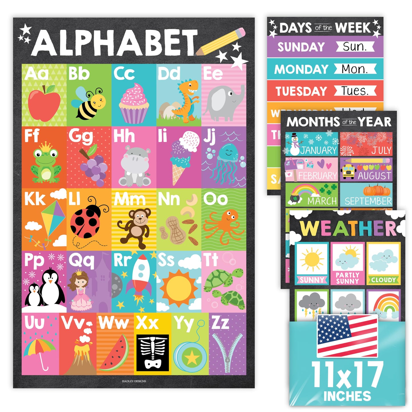 Hadley Designs 4 Alphabet, Months of the Year, Weather, Days of The Week Calendar For Kids, ABC Chart for Wall for Toddlers, Laminated Charts for PreK Classroom or Homeschool, Chalk Posters 11x17