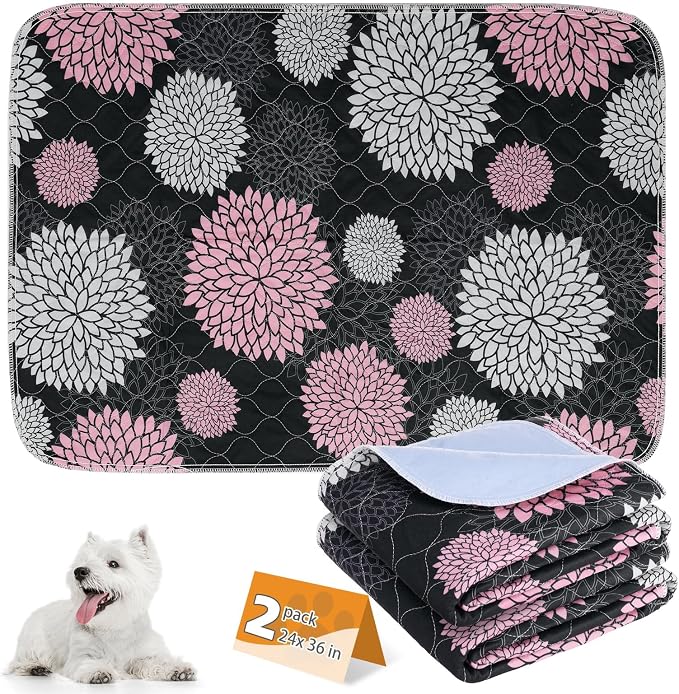 KOOLTAIL Washable Pee Pads for Dogs, 2 Pack Super Absorbent Reusable Puppy Training Pads Waterproof, Nonslip and Leak-Proof Dog Pee Pads, Large Pet Mats Whelping Pads for Floor, Crate, Couch, 24"x36"