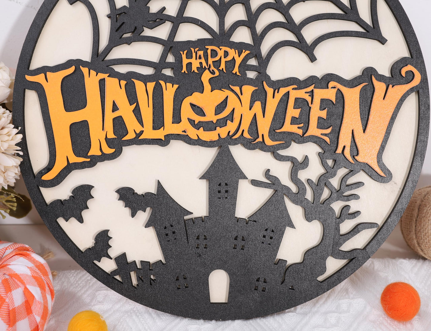 Happy Halloween Wooden Hanging Sign - Halloween Party Decorations, Halloween Ghost Door Sign, Halloween Garland, Wooden Wreath Indoor Wall Hanging Decorations (Happy Halloween Wreath)